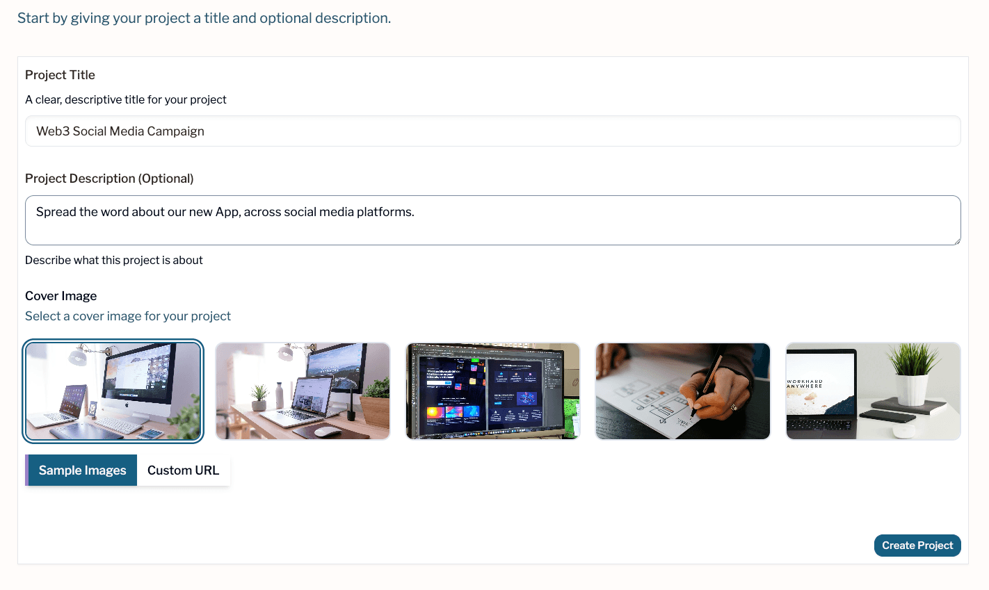 Create a Project - Project creation interface