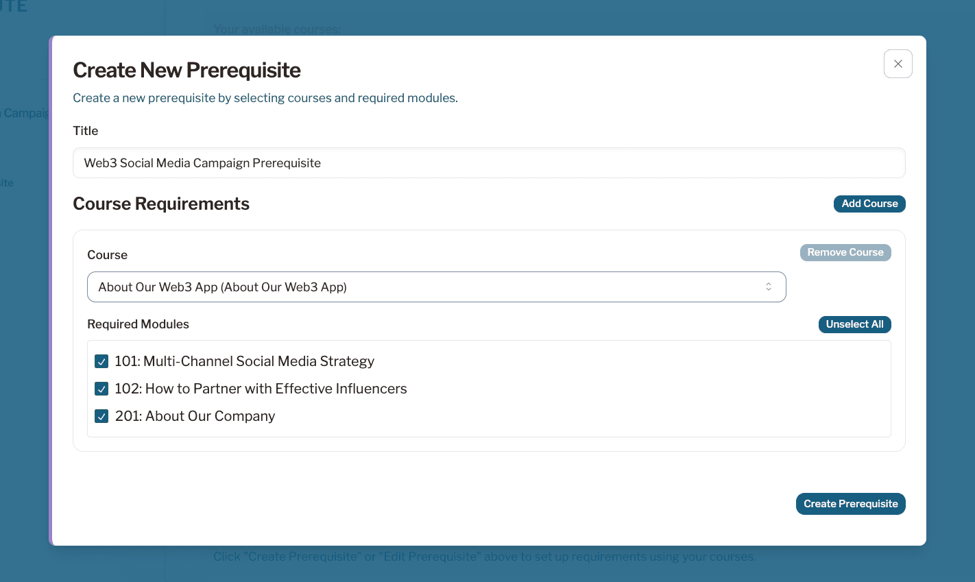 Define Prerequisites - Prerequisites setup interface