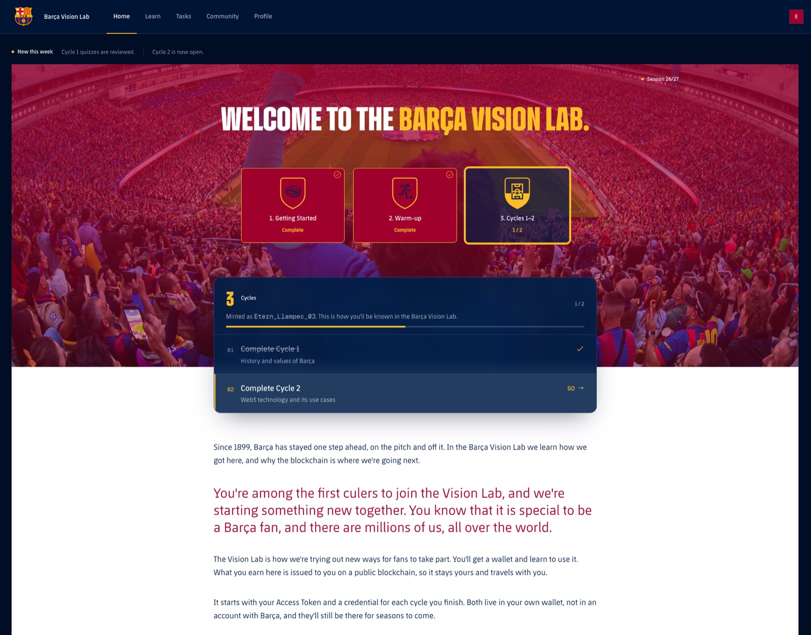 Open the Barça Vision Lab. Its home page shows a fan's progress through Getting Started, Warm-up and Cycles 1-2, with Cycle 2 open.